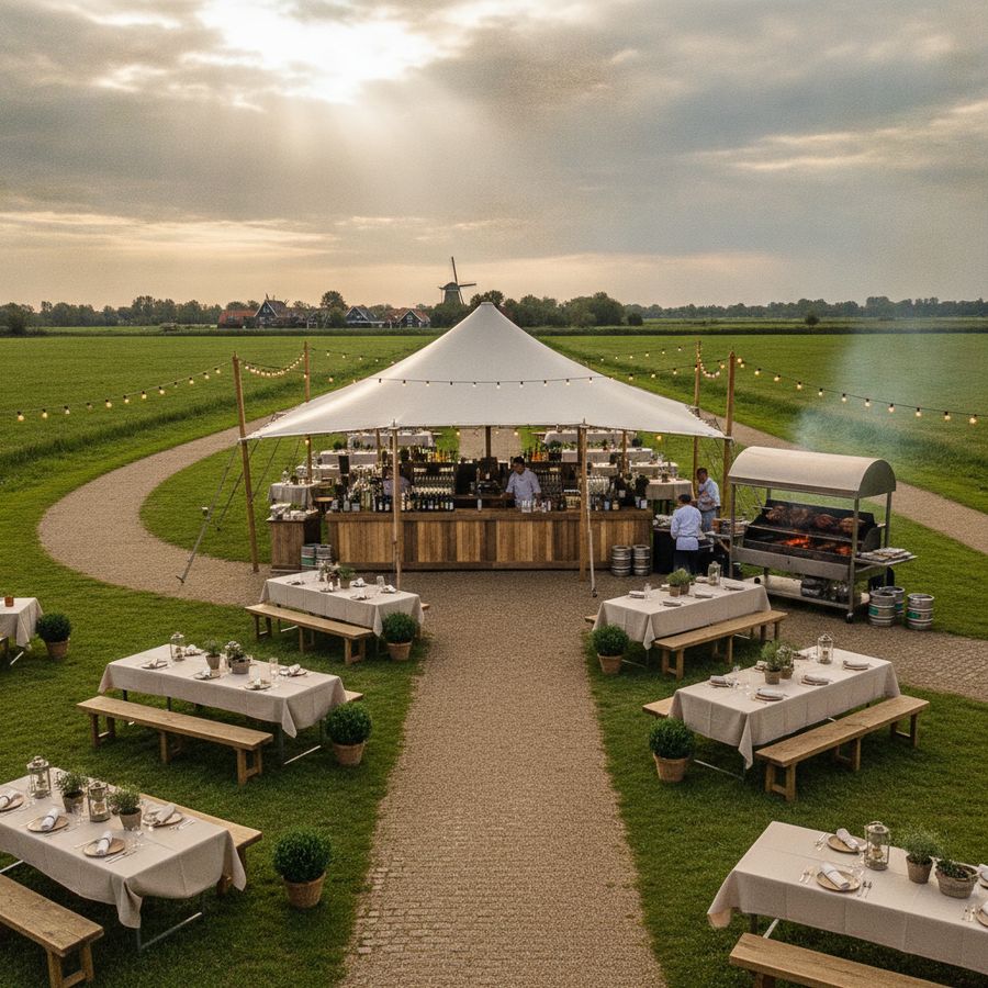 Overkapte barbecue en bar op een buitenlocatie met tafels, droge looppaden en helder bewolkte lucht.
