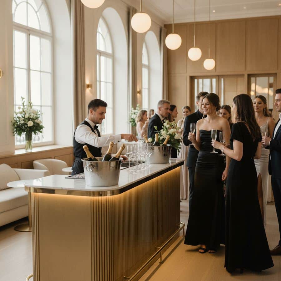 Stijlvolle mobiele bar met bruisende glazen, bartender en gasten in een lichte feestlocatie.
