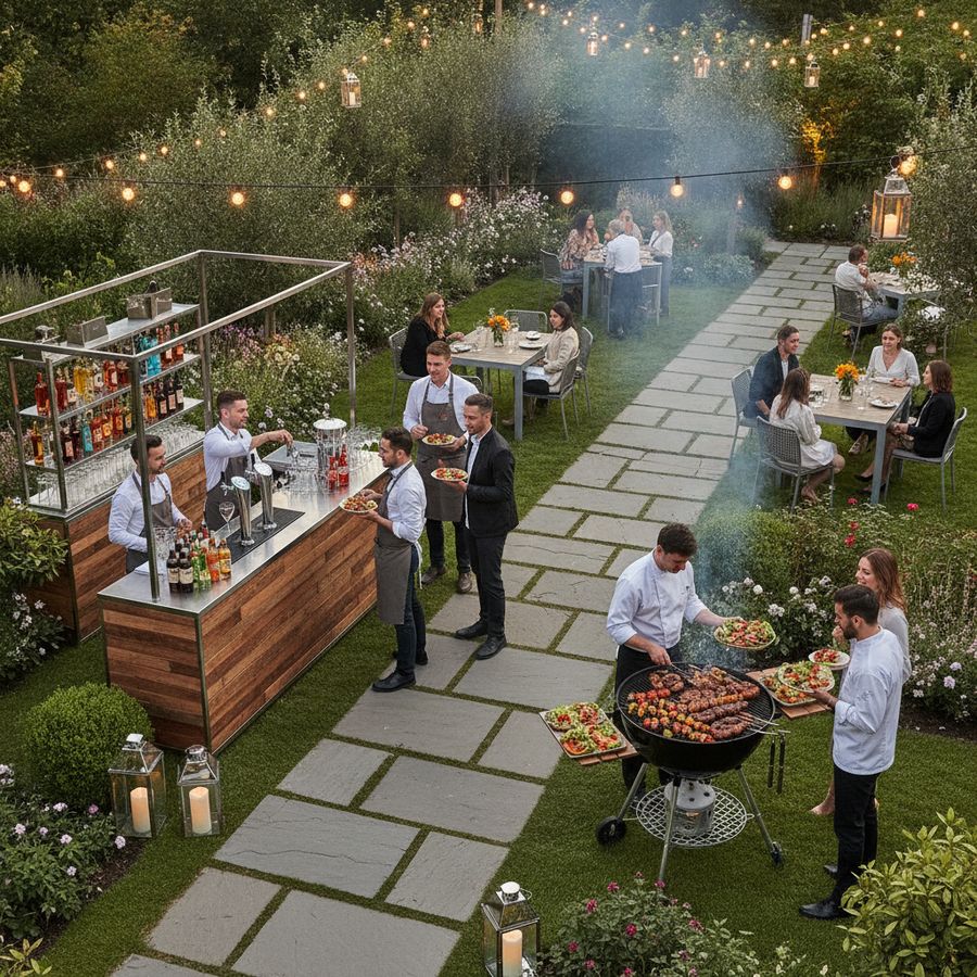 Overzicht van een feestlocatie met aparte bar en BBQ-zone en gasten die rustig doorstromen.