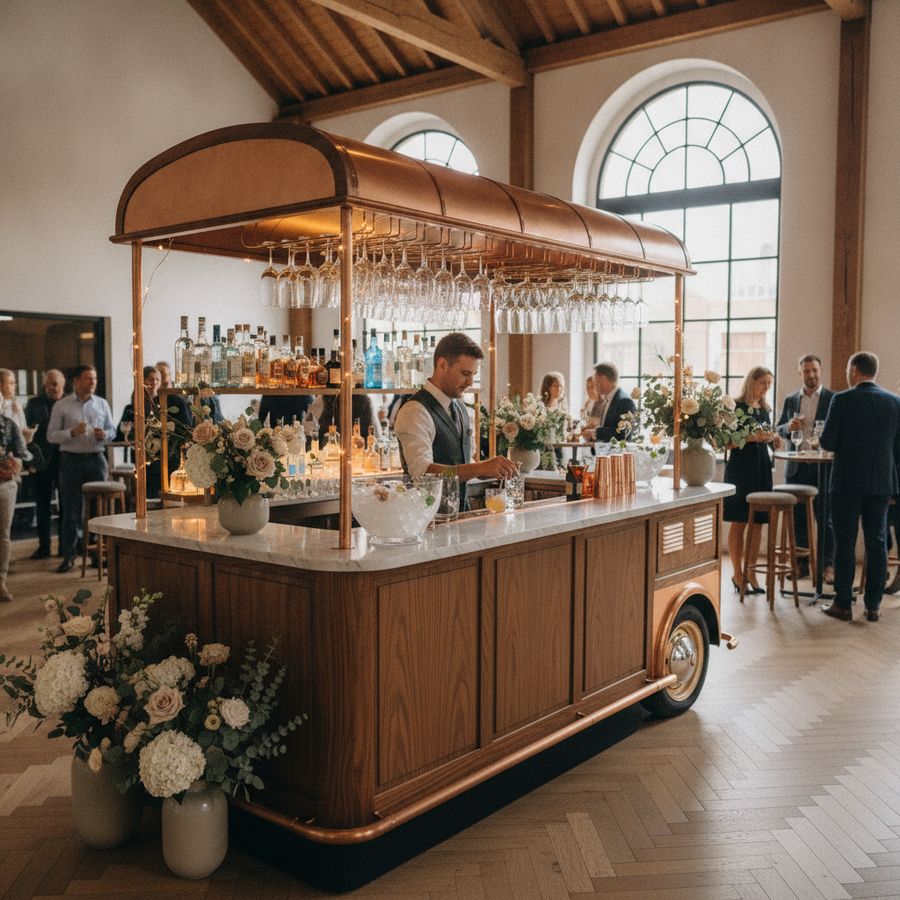 Stijlvolle mobiele bar met glaswerk, bloemen en zachte verlichting tijdens een verzorgd event.