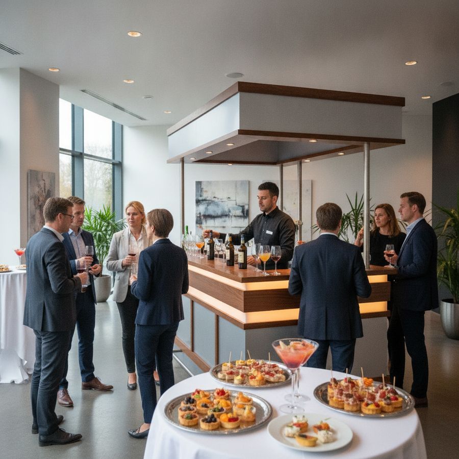 Professionals staan rond een mobiele bar in een lichte eventruimte en praten ontspannen met drankjes in de hand.