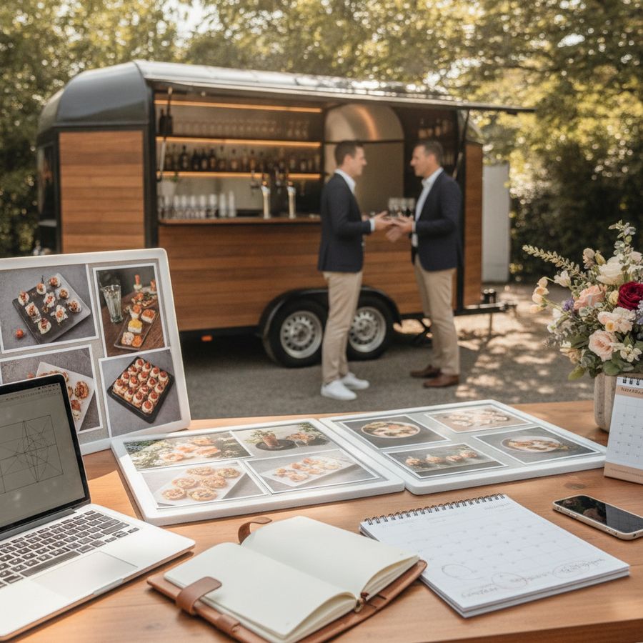 Planner en laptop op tafel met mobiele bar op de achtergrond tijdens eventvoorbereiding.
