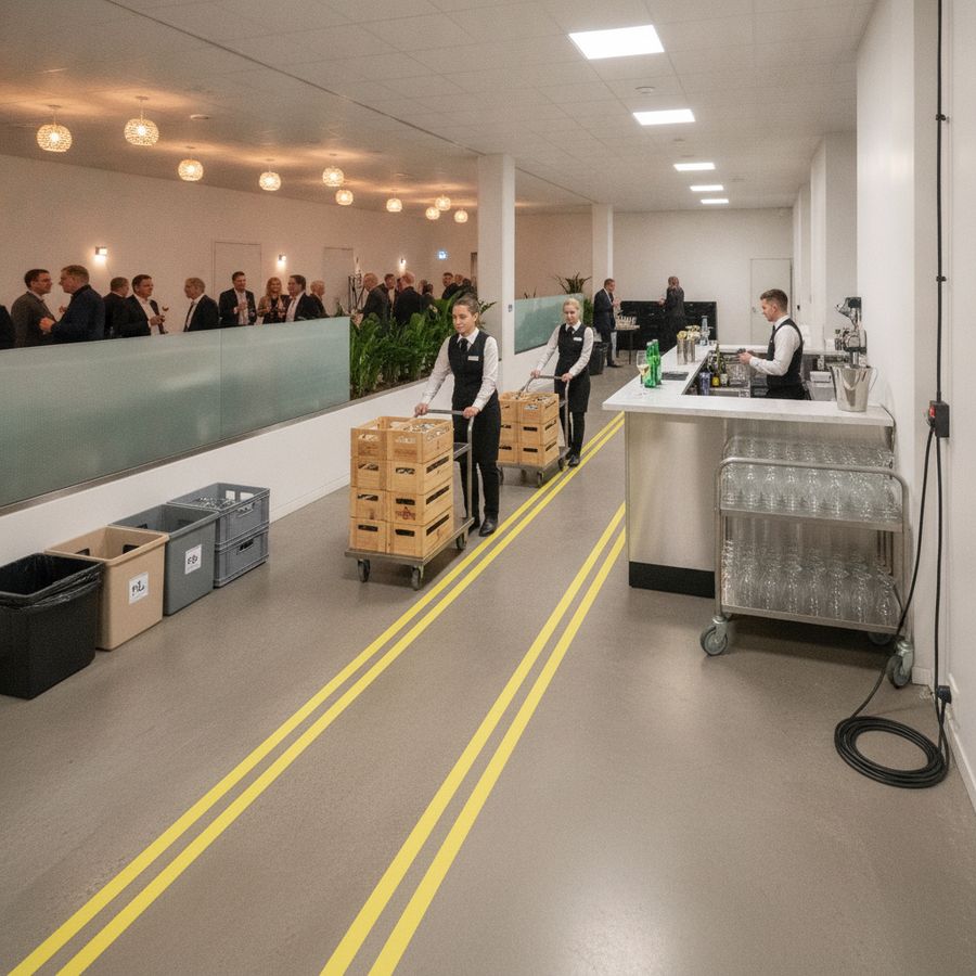 Personeel verplaatst kratten langs een vrije route naast een mobiele bar in een nette evenementenlocatie.