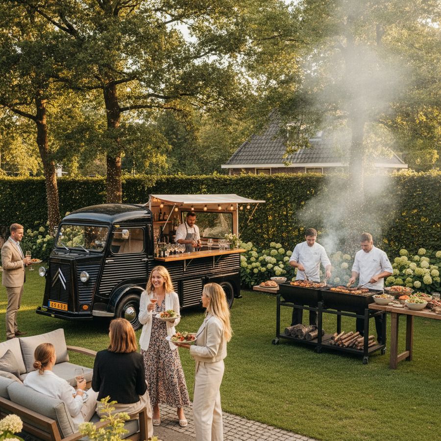 Buitenfeest met mobiele bar, kok bij de grill en gasten die ontspannen eten en drinken.