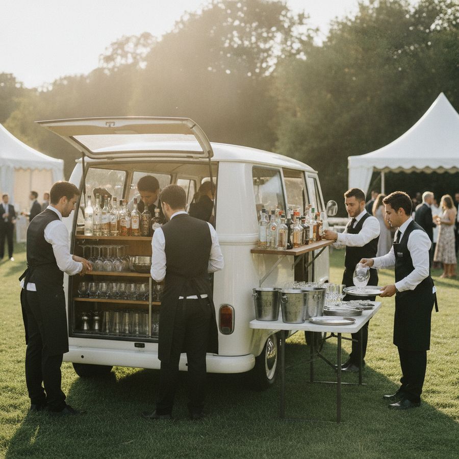 Cateringteam zet snel glaswerk, drank en barbenodigdheden klaar op locatie.