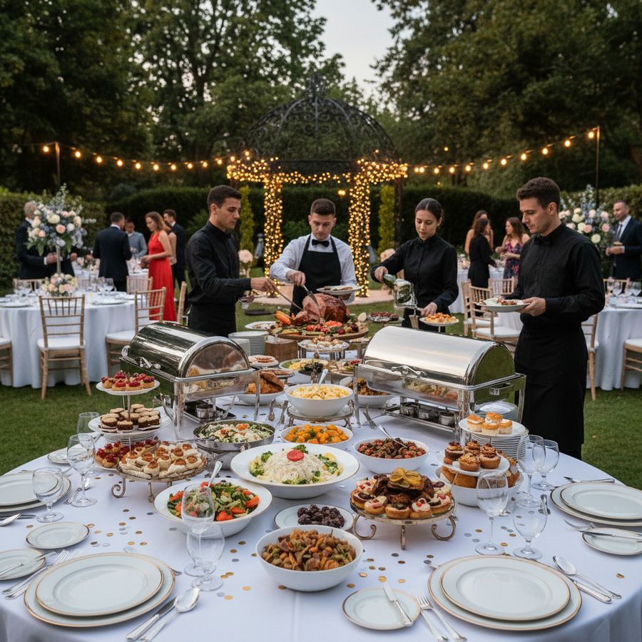 Buffet op locatie met servies en personeel op een feestlocatie