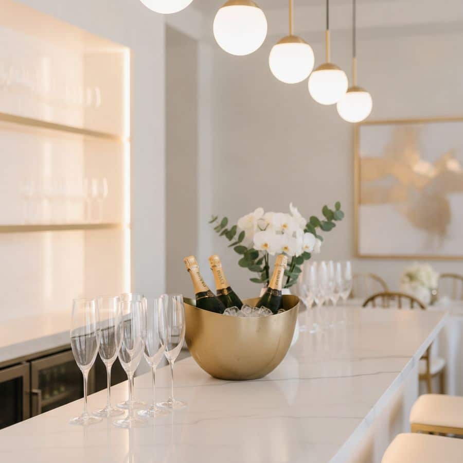 Minimalistisch gestylde bar met glazen, gekoelde flessen en subtiele bloemen in zachte luxe sfeer.