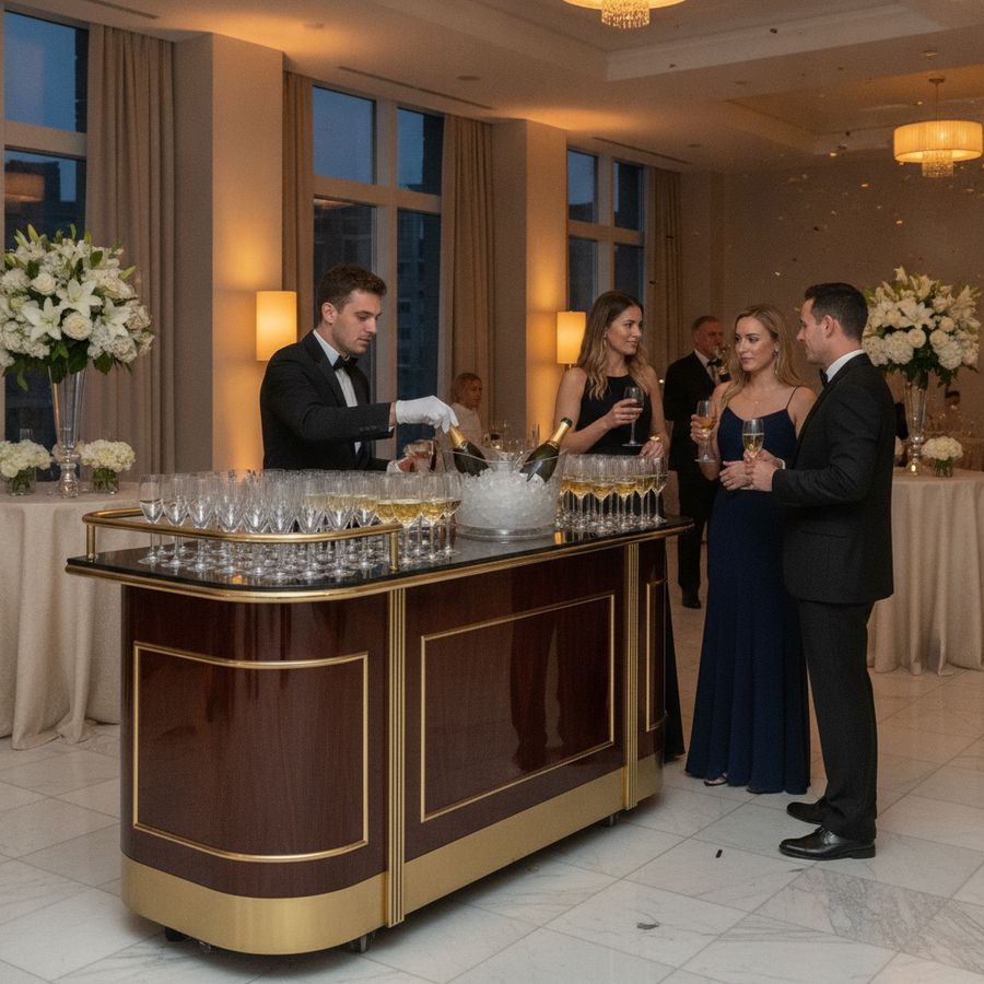 Stijlvolle mobiele bar met champagne, glaswerk en formeel geklede gasten in een lichte ontvangstruimte.