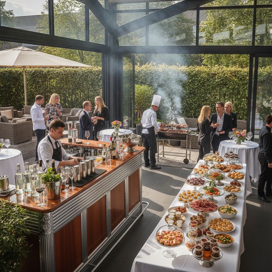 Gasten staan bij een mobiele bar terwijl een buffet en BBQ-opstelling op de achtergrond zichtbaar zijn.