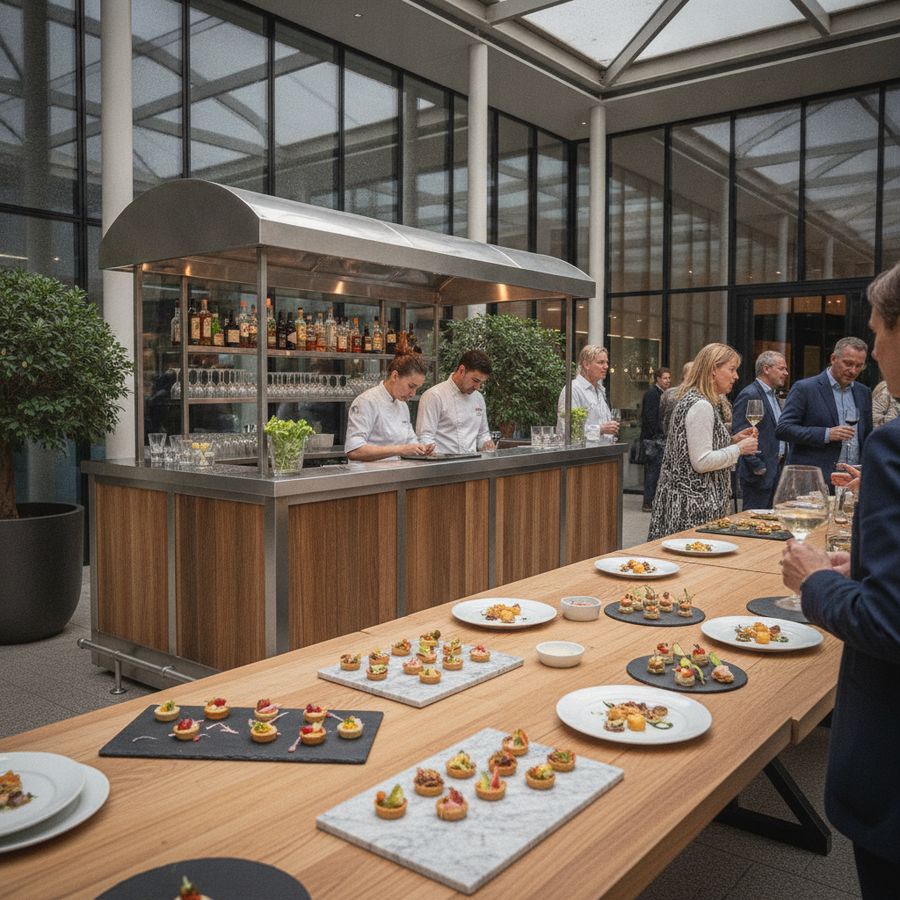 Mobiele bar met hapjes en ontspannen gasten op een sfeervol evenement met helder daglicht.