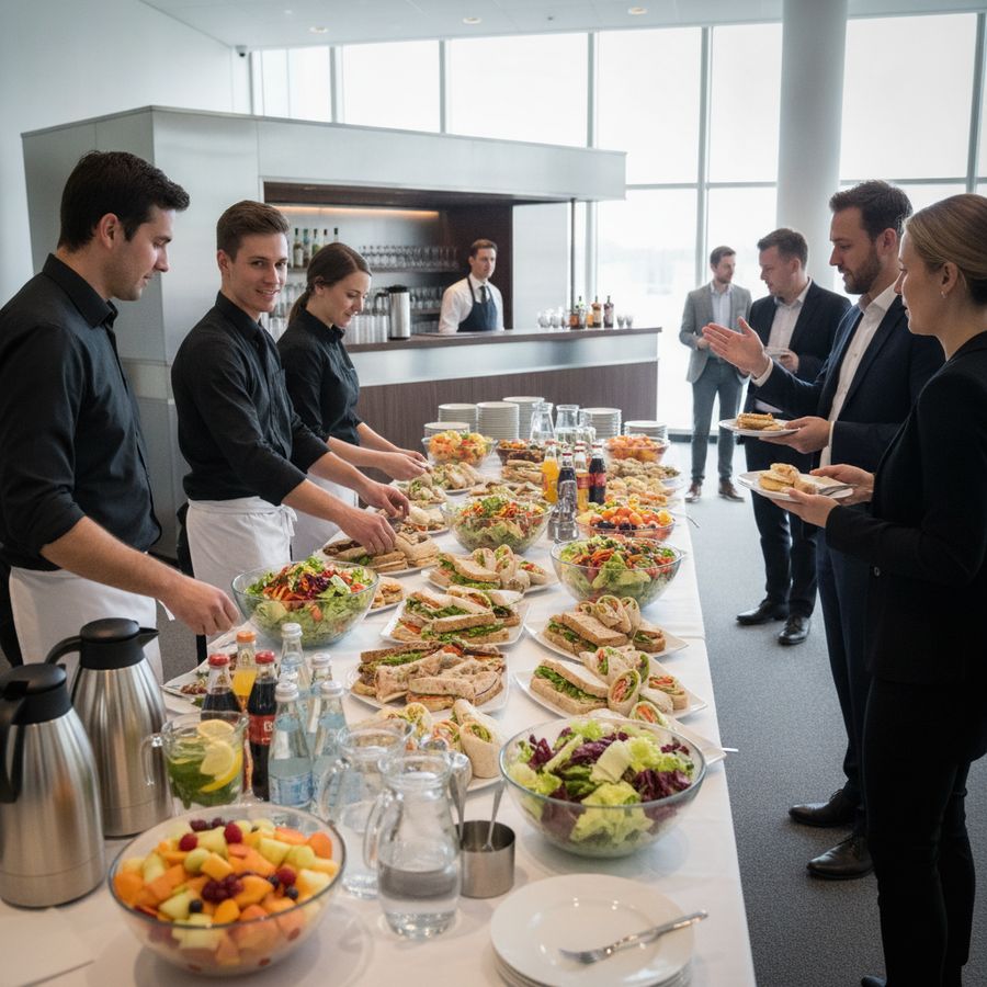Moderne lunchopstelling met buffet, dranken en een mobiele bar in een lichte zakelijke ruimte.