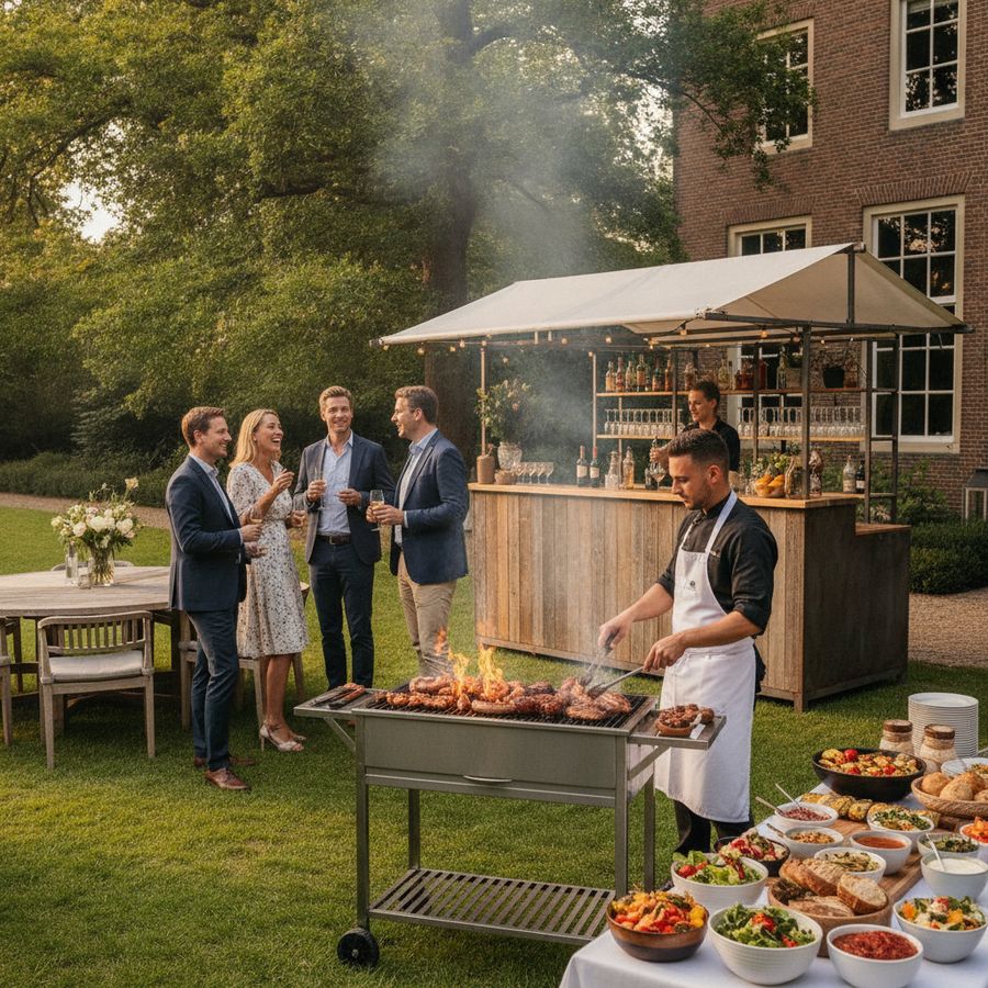 Chef grilt buiten terwijl gasten praten en een mobiele bar op de achtergrond drankjes serveert.