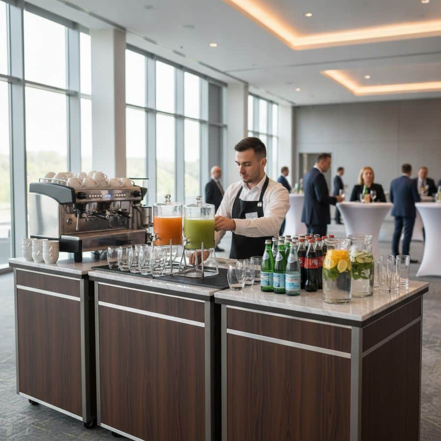 Verzorgde drankhoek met mobiele bar, glaswerk en gekoelde dranken in een nette eventruimte.
