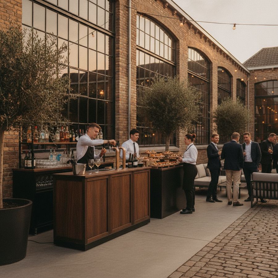 Gasten staan ontspannen bij een mobiele bar terwijl cateringpersoneel hapjes serveert op een lichte feestlocatie.