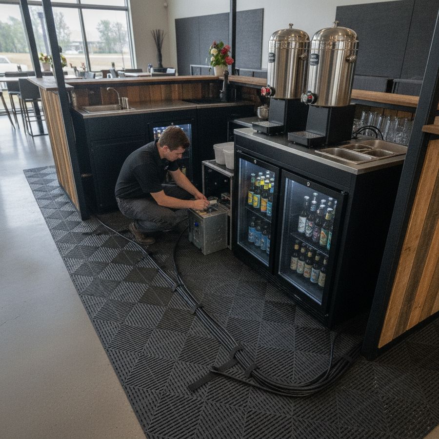 Technicus controleert stroom en kabels naast een mobiele bar op een vlakke, goed verlichte locatie.