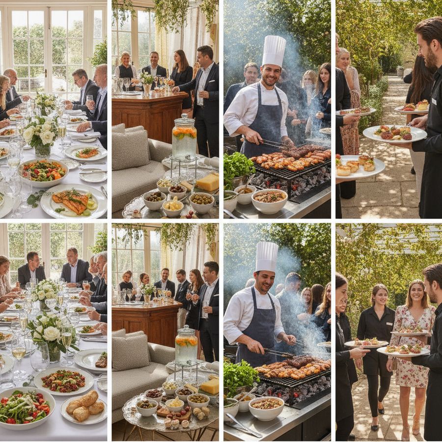 Verschillende cateringvormen op één locatie met lunch, borrelhapjes, barbecue en uitserveerde kleine gerechten.