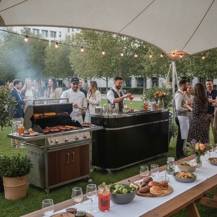 Chef grilt bij een barbecue terwijl een bartender drankjes schenkt en gasten buiten met elkaar praten.