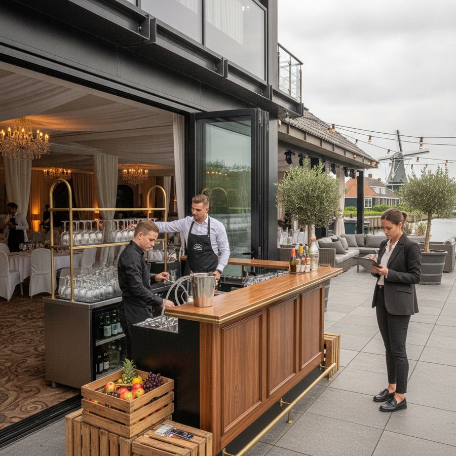 Team bouwt een mobiele bar op terwijl een planner de voorbereiding op een lichte feestlocatie controleert.