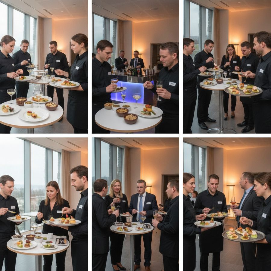 Gasten netwerken staand met kleine gerechten, terwijl bediening rondloopt en een mobiele bar op de achtergrond zichtbaar is.