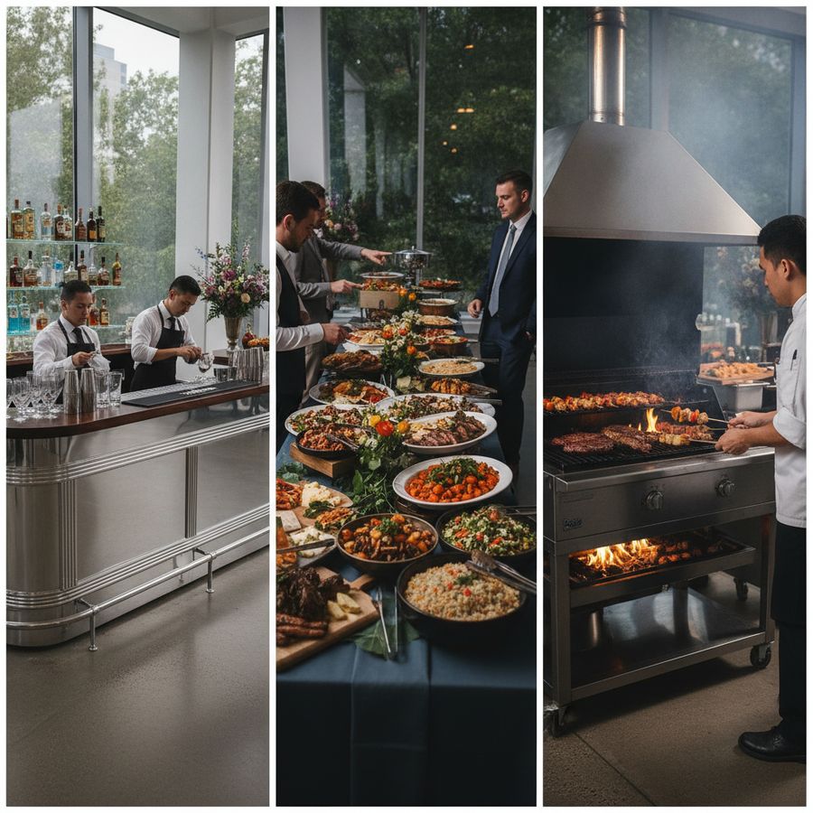 Een mobiele bar, buffettafel en moderne BBQ staan overzichtelijk opgesteld in een lichte eventlocatie.