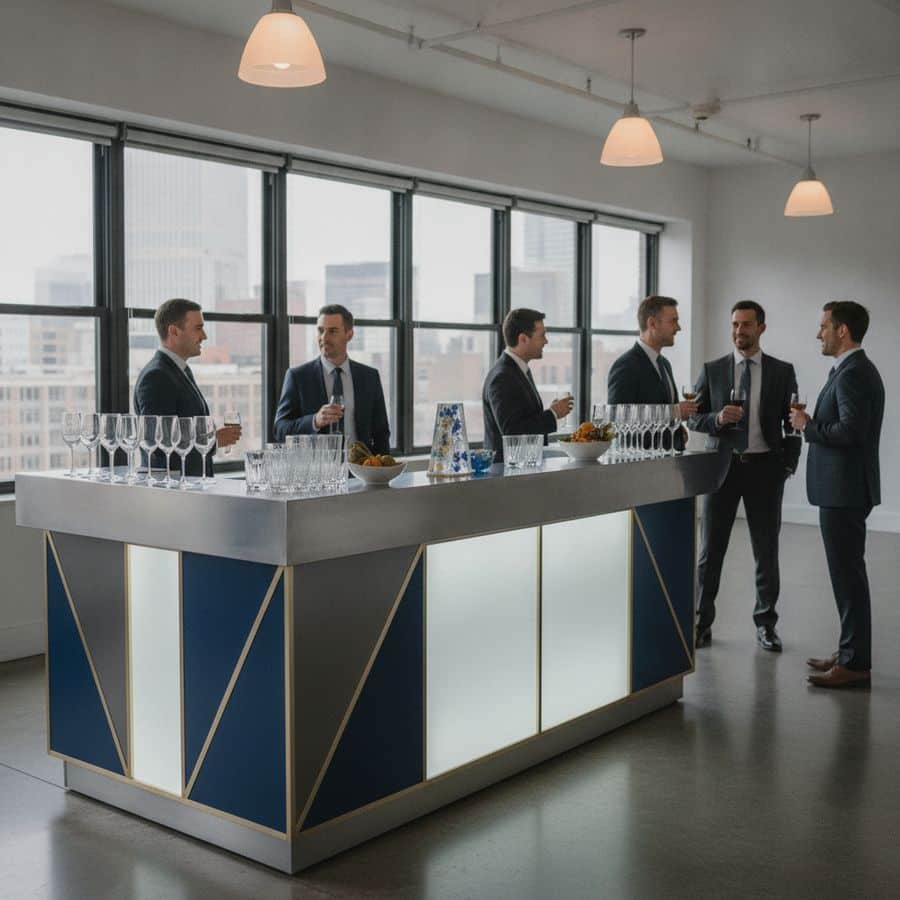 Moderne mobiele bar in zakelijke sfeer met afgestemde kleuren en netwerkende gasten eromheen.