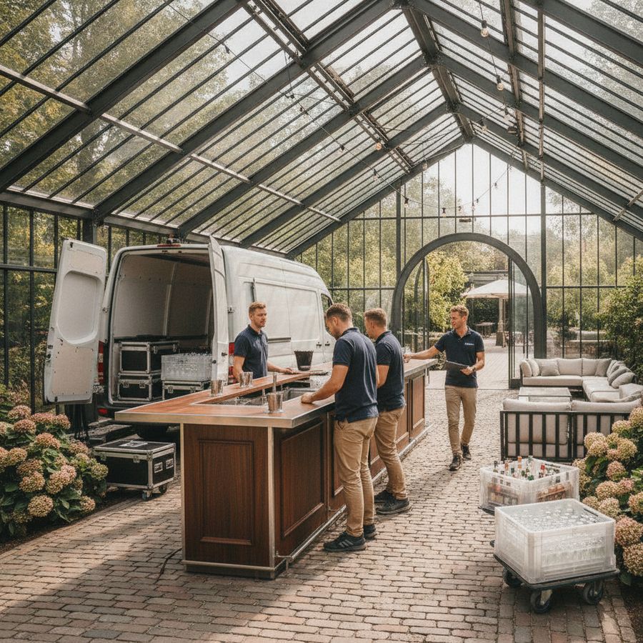 Medewerkers inspecteren een lichte eventlocatie terwijl een mobiele bar wordt klaargezet bij de ingang.