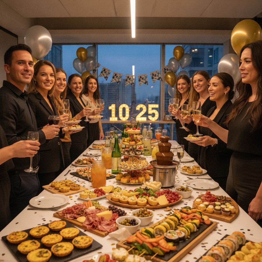 Feestelijke vrijdagmiddagborrel of jubileumborrel op kantoor met luxe hapjes en drankjes